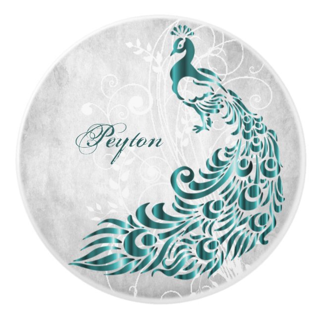 Teal Peacock Personalized Ceramic Knob (Front)