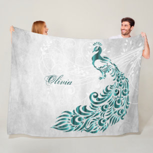 Teal Peacock Personalized Fleece Blanket