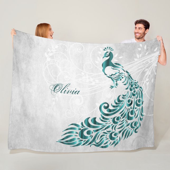 Teal Peacock Personalized Fleece Blanket (In Situ)