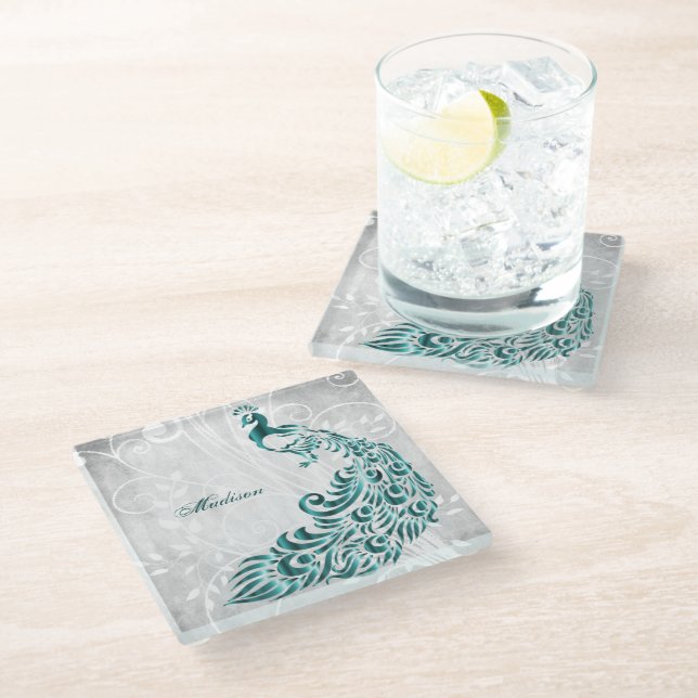Teal Peacock Personalized Glass Coaster (Angled)