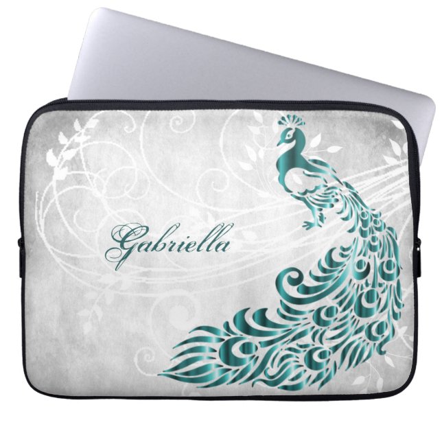 Teal Peacock Personalized Laptop Sleeve (Front)