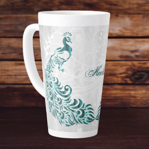 Teal Peacock Personalized Latte Mug