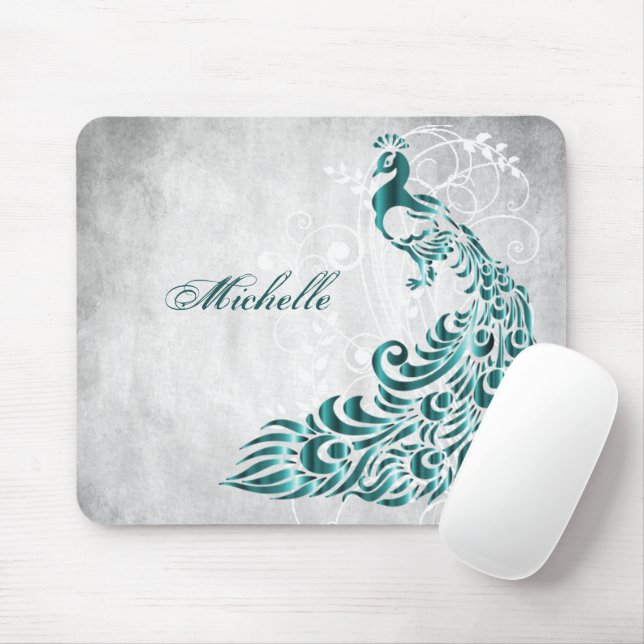 Teal Peacock Personalized Mouse Pad (With Mouse)
