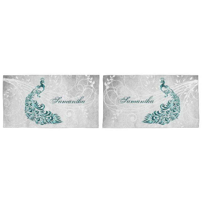 Teal Peacock Personalized Pillowcases (Front-Set)