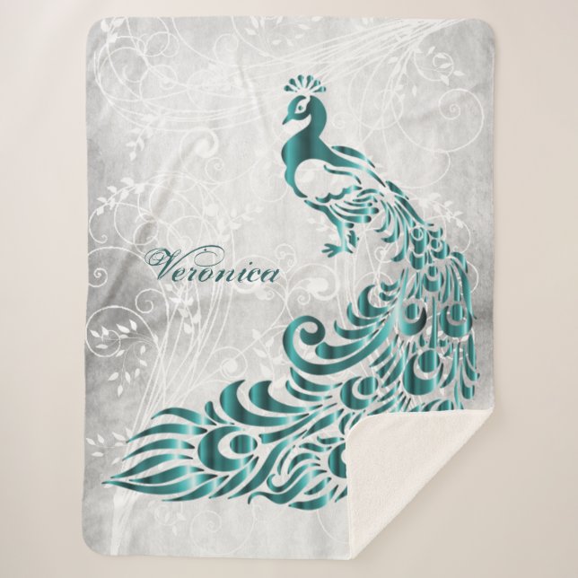 Teal Peacock Personalized Sherpa Blanket (Front)