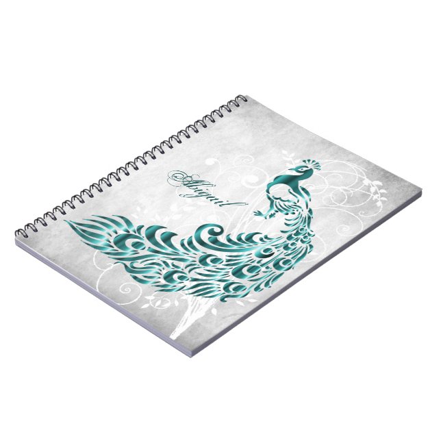 Teal Peacock Personalized Spiral Notebook (Left Side)