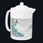 Teal Peacock Personalized Teapot<br><div class="desc">Enjoy your tea with a Teal Peacock Personalized Teapot.  Teapot design features a vibrant teal peacock,  a soft white leaf vine against a light grey grunge background with an area to personalize with your name.  Additional gift items available with this design as well as a variety of colours.</div>
