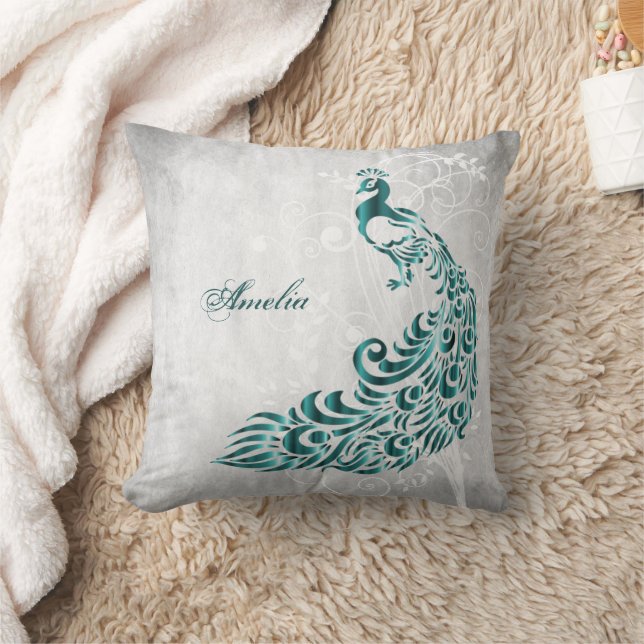 Teal Peacock Personalized  Throw Pillow (Blanket)