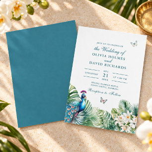 Teal Peacock Tropical Flowers Butterfly Wedding Invitation