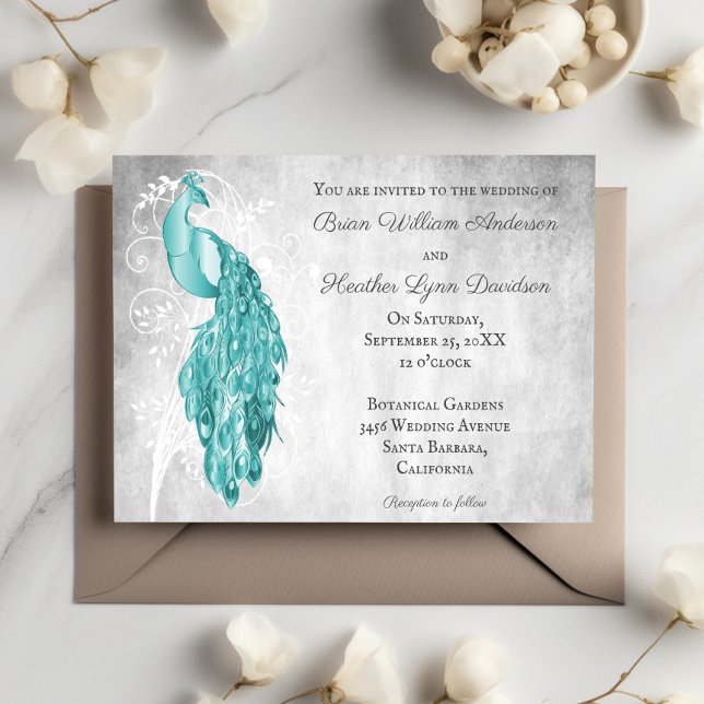Teal Peacock White Botanical Wedding Invitation (Teal Peacock Wedding Invitation)
