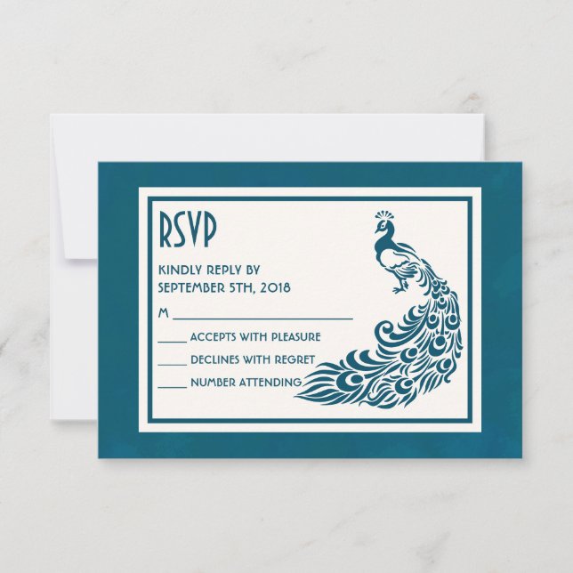Teal Peacockl Bold Stylish Art Deco Design RSVP Card (Front)