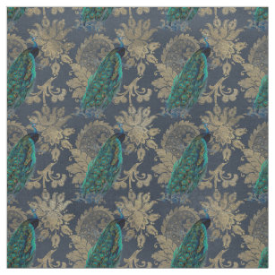 Teal Peacocks on Blue and Gold Fabric