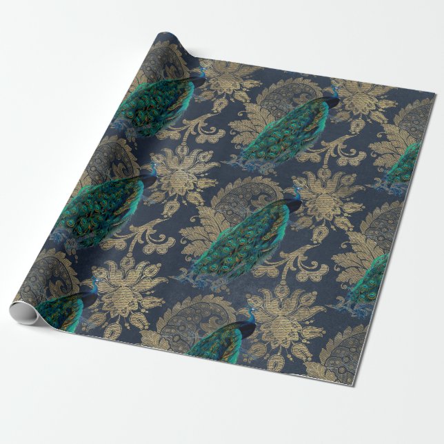 Teal Peacocks on Blue and Gold Wrapping Paper (Unrolled)