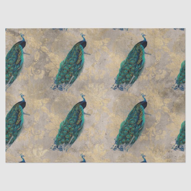 Teal Peacocks on Gold Decoupage Tissue Paper (Front)