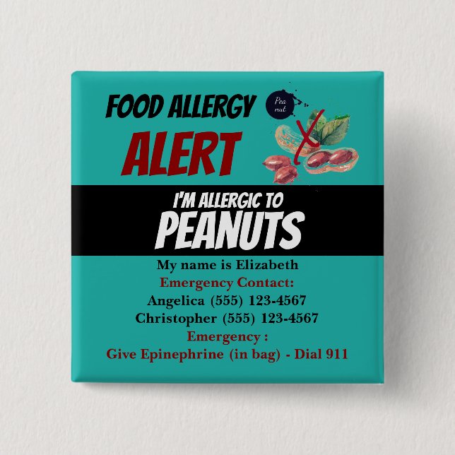 Teal Peanut Food Allergy Alert Warning 2 Inch Square Button (Front)
