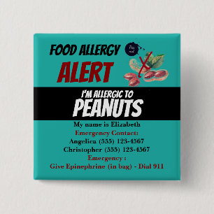 Teal Peanut Food Allergy Alert Warning 2 Inch Square Button