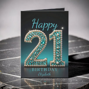 Teal Pearl Diamond Glam 21st Birthday Greeting Card