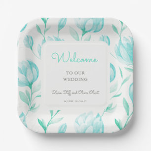Teal Peonies Wedding Welcome Paper Plate