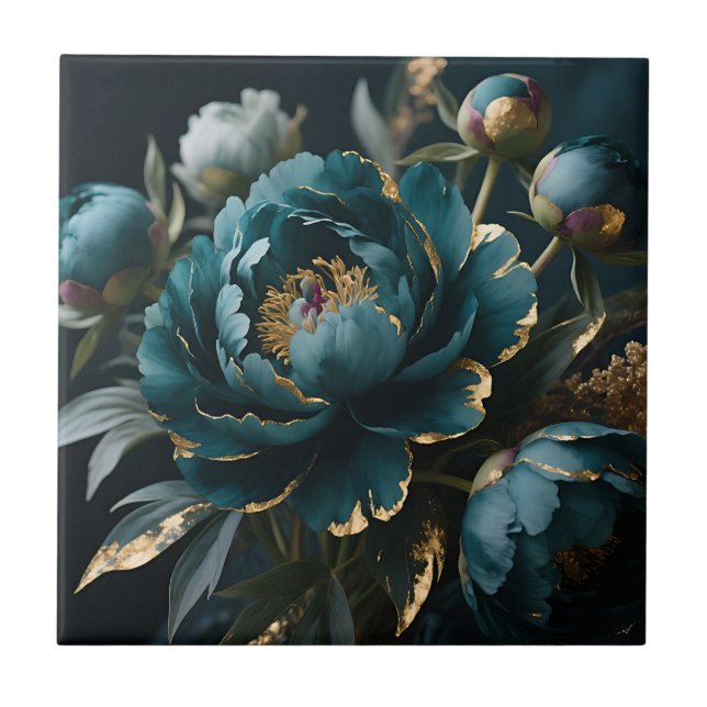 Teal Peony Gold Luxe Botanical Bloom Tile (Front)