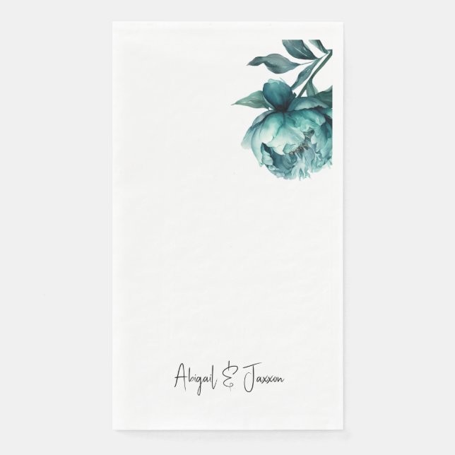 Teal Peony Personalized Names Wedding  Napkin (Front)