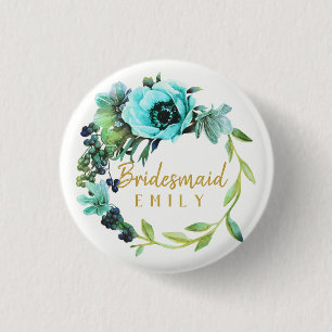 Teal Peony Wreath Bridesmaid Name ID456 1 Inch Round Button