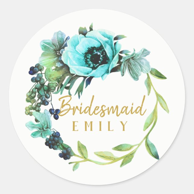 Teal Peony Wreath Bridesmaid Name ID456 Classic Round Sticker (Front)