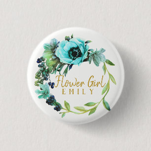Teal Peony Wreath Flower Girl Name ID456 1 Inch Round Button
