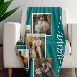 Teal Personalized Nana Grandkid 5 Photo Collage Fleece Blanket