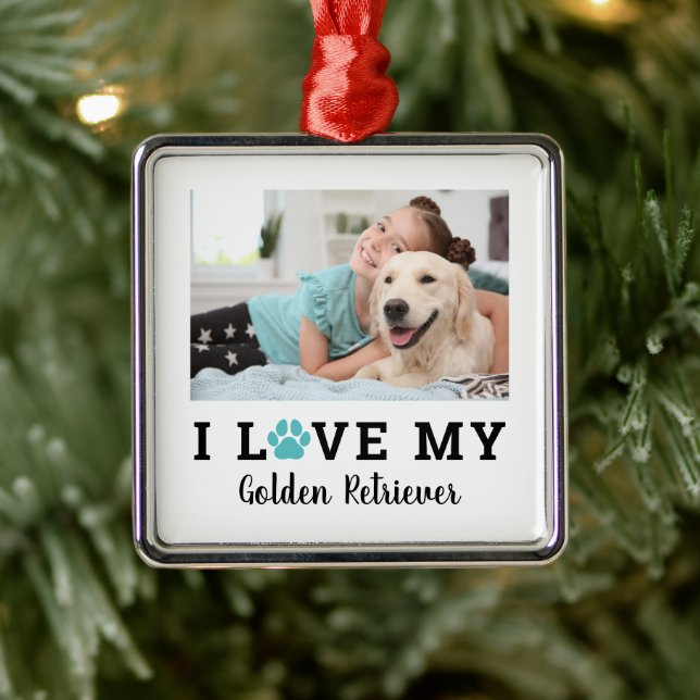 Teal Pet Paw Print Custom Dog Breed Photo Metal Ornament (Tree)
