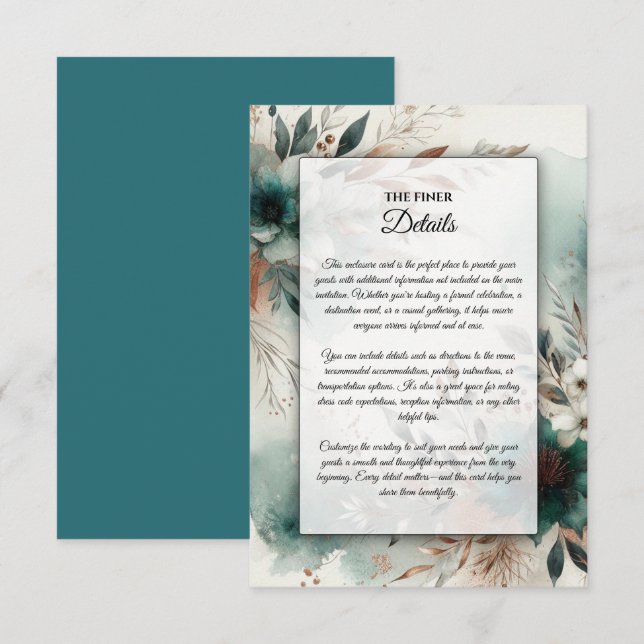 Teal Petals in Bronze Bloom Wedding Enclosure Card (Front/Back)