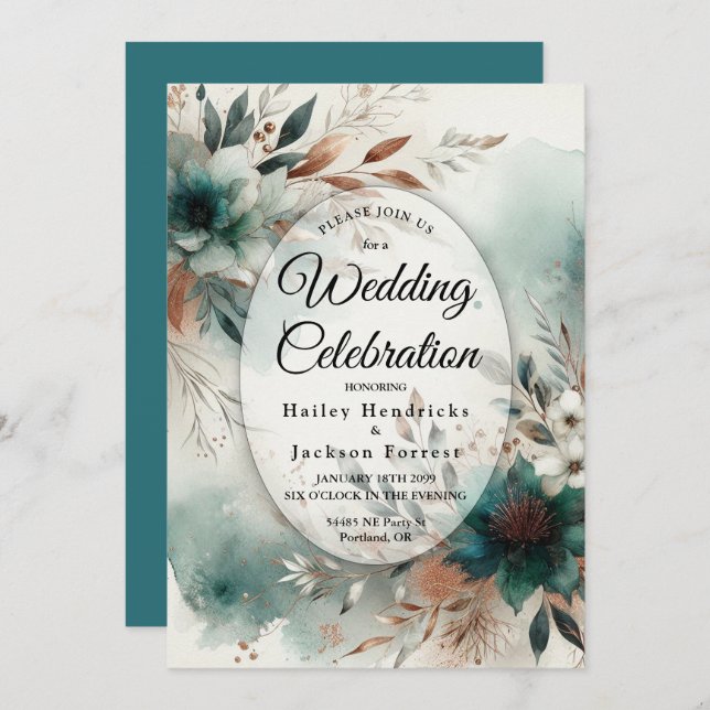 Teal Petals in Bronze Bloom Wedding Invitation (Front/Back)