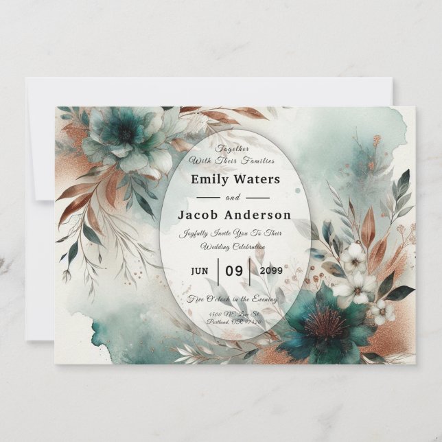Teal Petals in Bronze Bloom Wedding Invitation (Front)