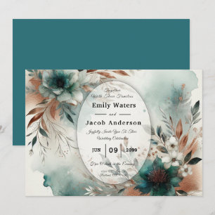 Teal Petals in Bronze Bloom Wedding Invitation