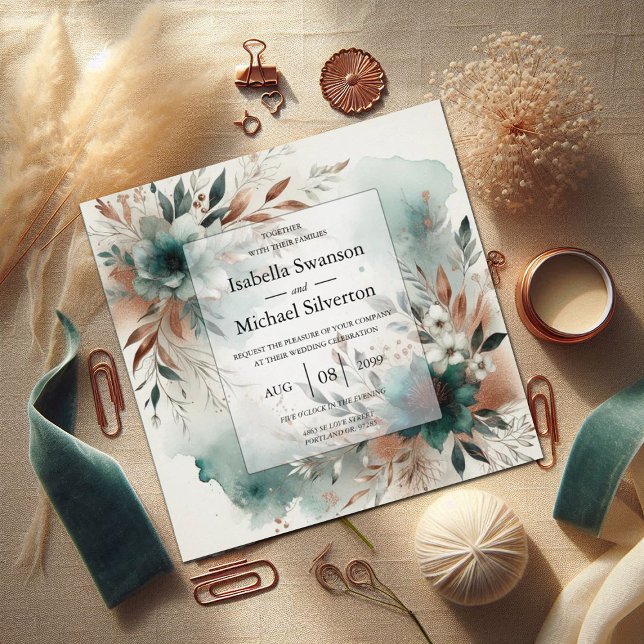 Teal Petals in Bronze Bloom Wedding Invitation (Creator Uploaded)