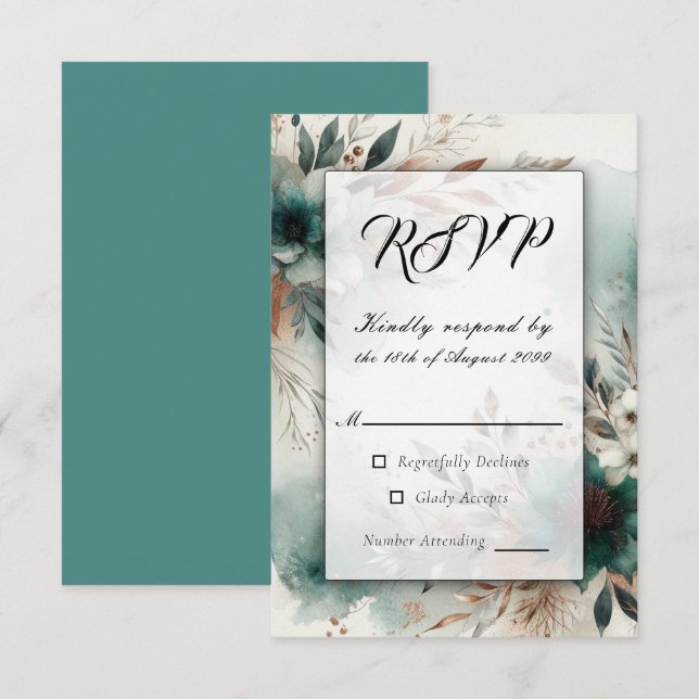 Teal Petals in Bronze Bloom Wedding RSVP Card (Front/Back)