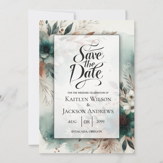 Teal Petals in Bronze Bloom Wedding Save The Date (Front)