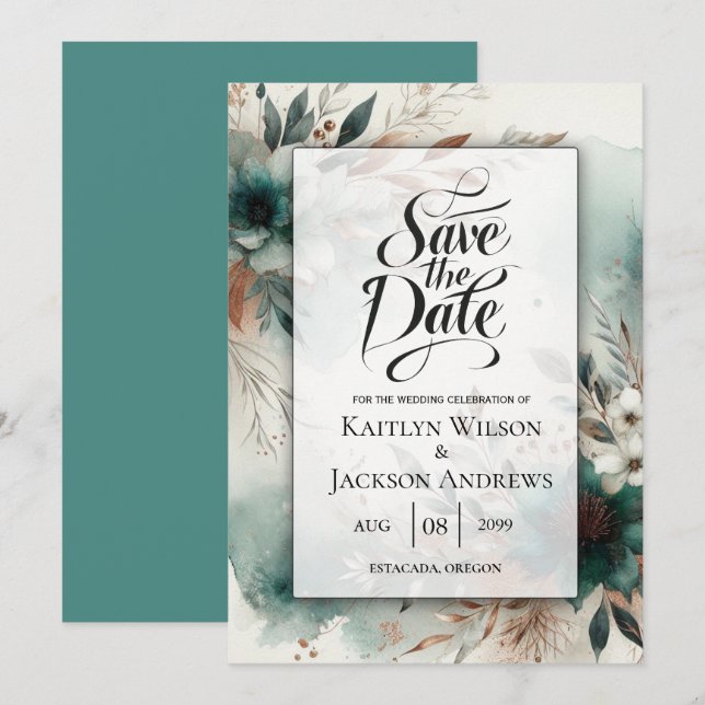 Teal Petals in Bronze Bloom Wedding Save The Date (Front/Back)