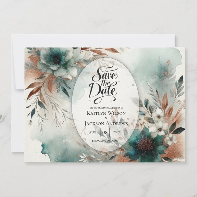Teal Petals in Bronze Bloom Wedding Save The Date (Front)