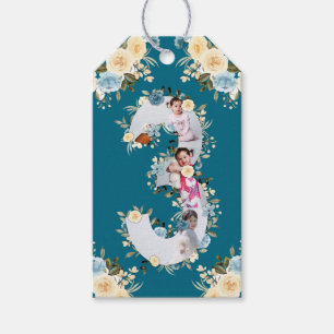Teal Photo 3rd Birthday Collage Blue Yellow Flower Gift Tags