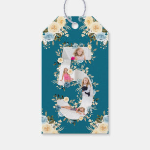 Teal Photo 5th Birthday Collage Blue Yellow Flower Gift Tags
