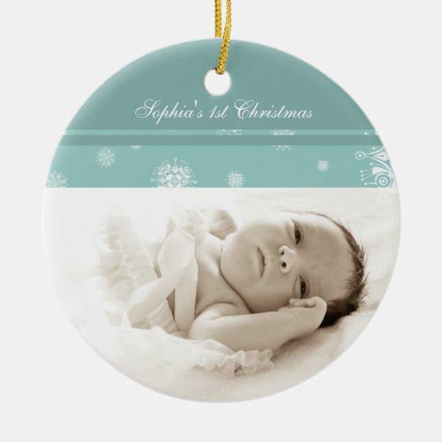 Teal Photo Baby's 1st Christmas Ornament (Front)