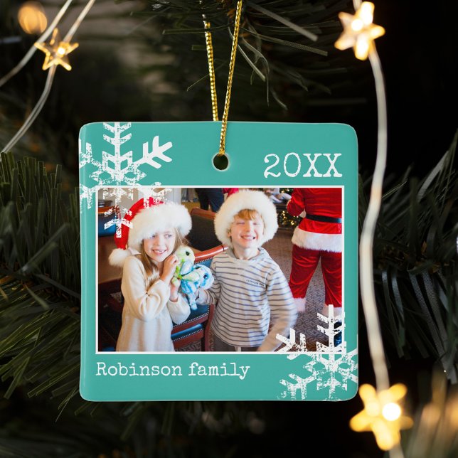 Teal Photo Border White Snowflakes Holiday Ceramic Ornament (Rustic snowflake family holiday keepsake photo ornament perfect for gifts to bring joy to others.)