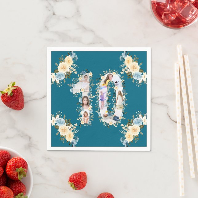 Teal Photo Collage 10th Birthday Yellow Flower Napkin (Insitu)