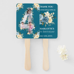 Teal Photo Collage 4th Birthday Blue Yellow Flower Hand Fan