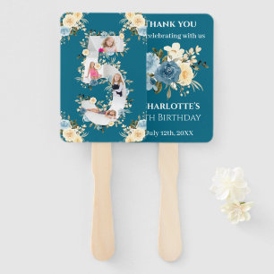 Teal Photo Collage 5th Birthday Blue Yellow Flower Hand Fan