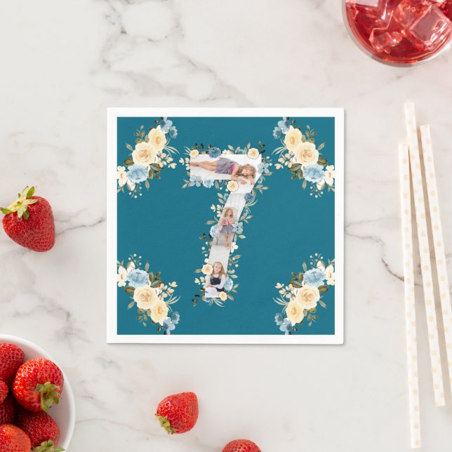 Teal Photo Collage 7th Birthday Blue Yellow Flower Napkin (Insitu)