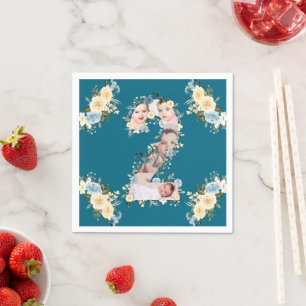 Teal Photo Collage Blue Yellow Flower 2nd Birthday Napkin