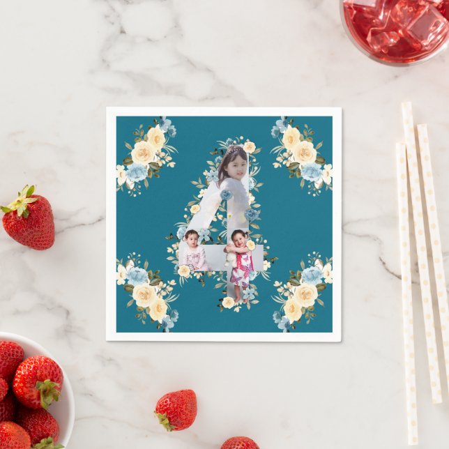Teal Photo Collage Blue Yellow Flower 4th Birthday Napkin (Insitu)