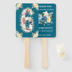 Teal Photo Collage Blue Yellow Flower 6th Birthday Hand Fan