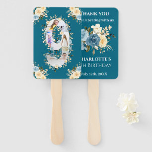 Teal Photo Collage Blue Yellow Flower 9th Birthday Hand Fan